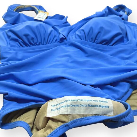 KONA SOL One Piece Bikini Ruched Ruffle Swim V-Neck Full Coverage Blue 22 - Picture 7 of 13